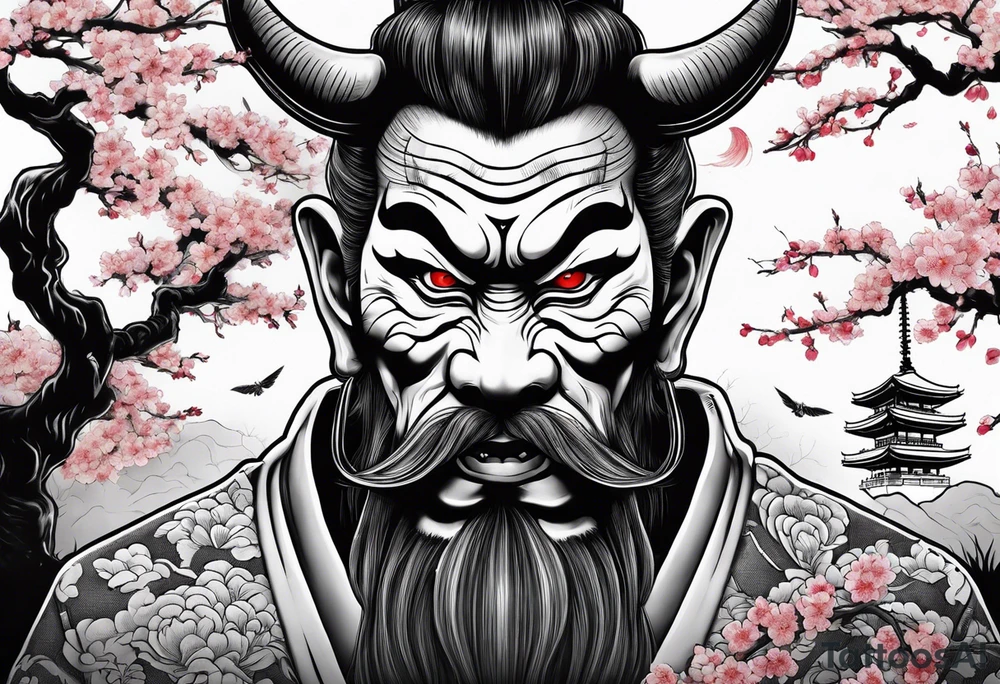 japanese evil spirit with japan and cherry blossom trees in the background. make it scary tattoo idea