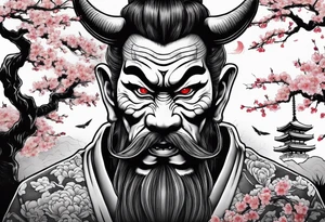 japanese evil spirit with japan and cherry blossom trees in the background. make it scary tattoo idea