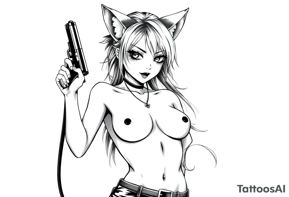 naked catgirl, slut, anime, holding gun, black tattoo idea