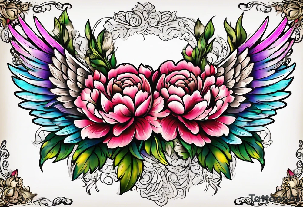beautiful angel wings with colorful, peonies. beautiful flilligree in the background , full color, traditional old school , white background tattoo idea