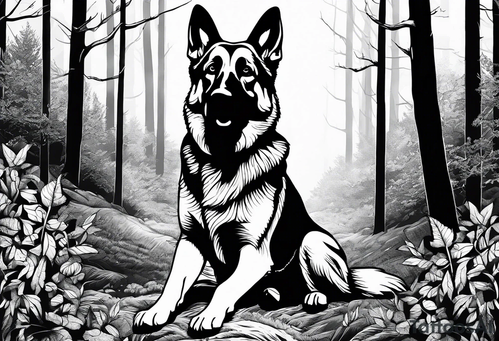 German shepherd dog walking in a forest tattoo idea
