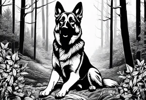 German shepherd dog walking in a forest tattoo idea