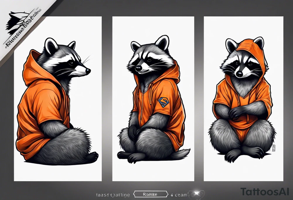 Raccoon wearing an orange Superman hoodie tattoo idea