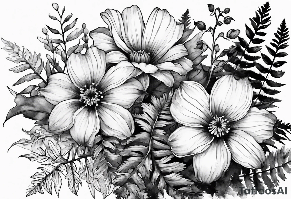 Three wild flowers with ferns all watercolor tattoo idea