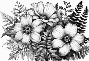 Three wild flowers with ferns all watercolor tattoo idea