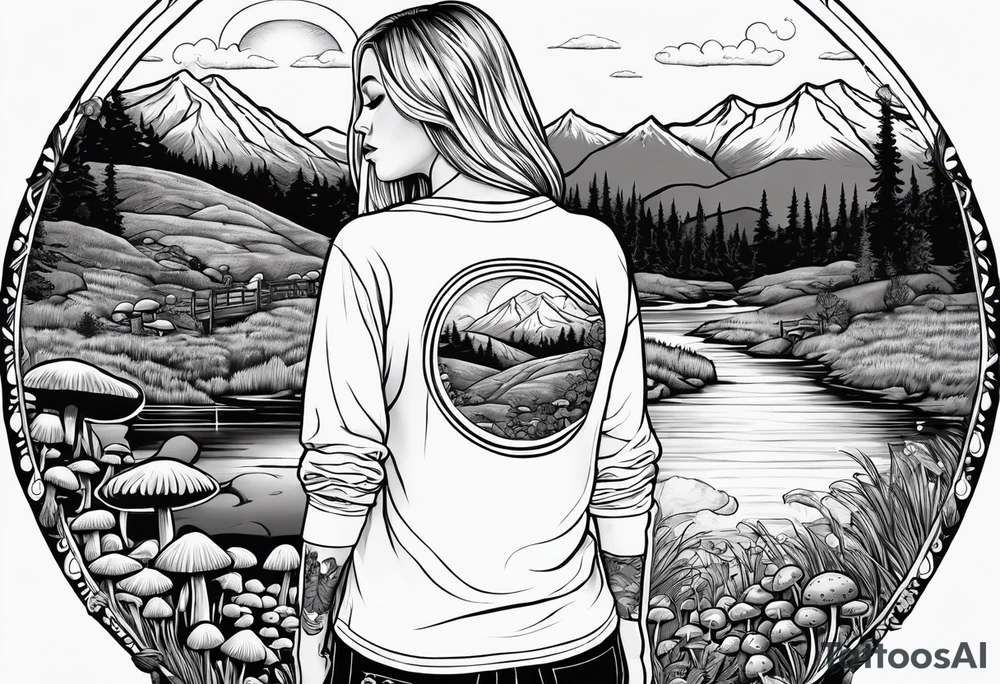 Whole picture encircled fully

Straight long blonde hair hippie girl in distance holding mushrooms in hand facing away toward mountains and creek surrounded by mushrooms long sleeve shirt and hiking pants; whole rendering within a full circle, no cut off circle tattoo idea