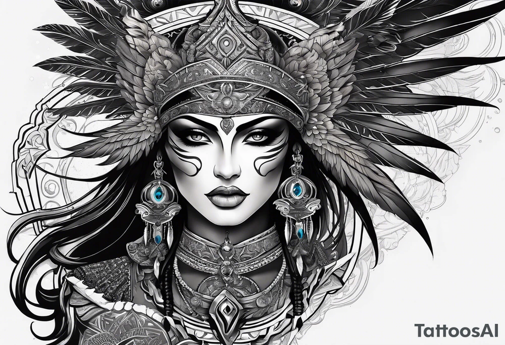 black kali, goddess pirate, alien, pachamama, valkrye, warrior, skull, lotus azul, wing, eagle, zenza resonance, stars, one side chest tattoo idea