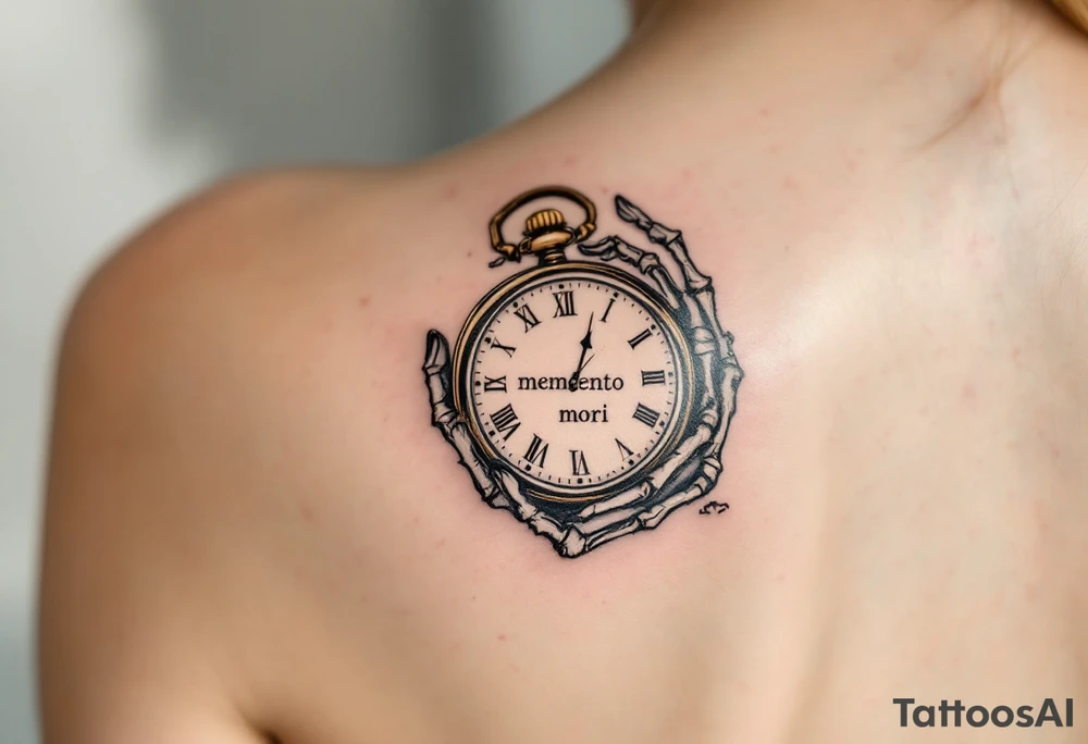 A monochrome skeleton hand holding a ticking pocket watch with gold highlights, "memento mori" engraved across the watch face. tattoo idea