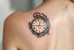 A monochrome skeleton hand holding a ticking pocket watch with gold highlights, "memento mori" engraved across the watch face. tattoo idea