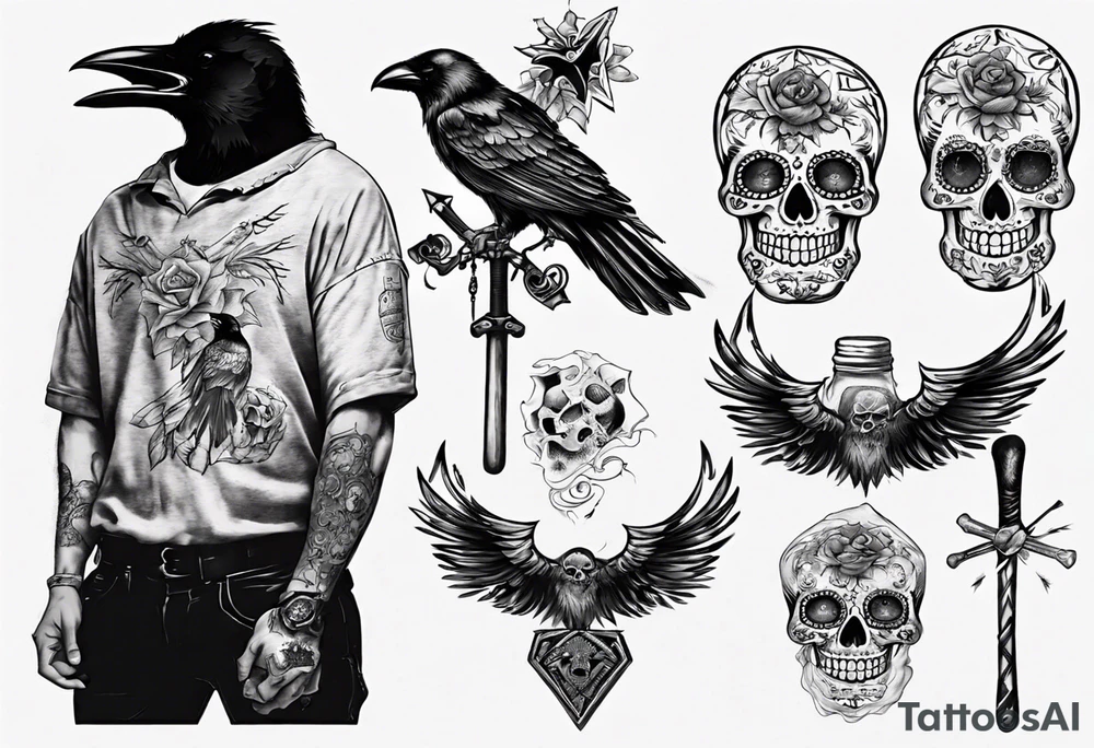 vixing axe with crow and sugar skull tattoo idea