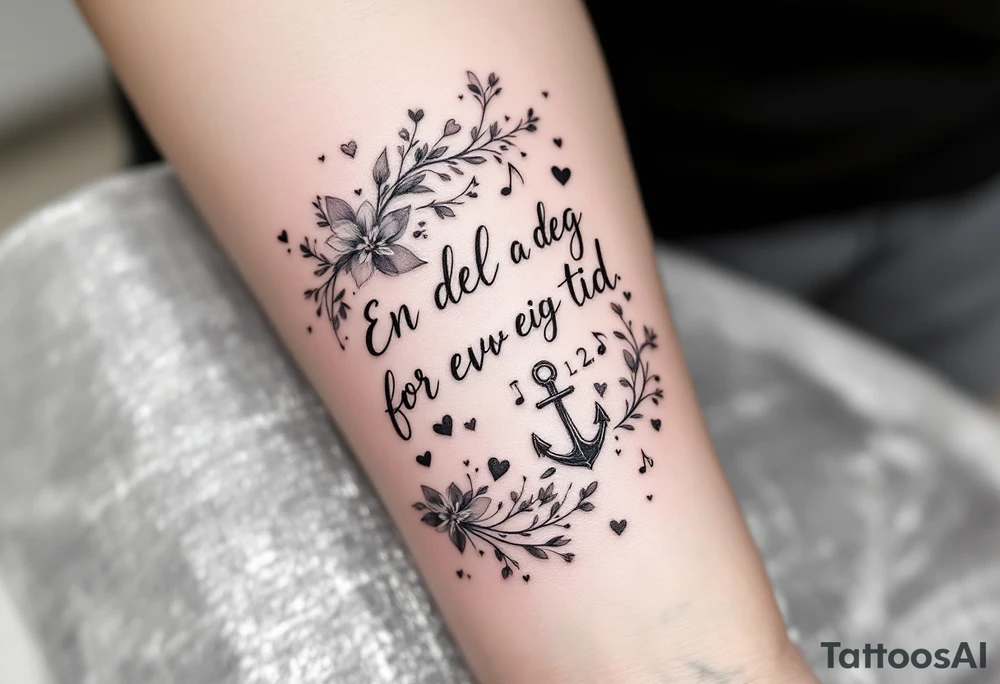 Quote: "En del av deg for evig tid. 
Pappa 20.12.24"
Surround the quote with delicate long gladious, music notes, hearts and an anchor tattoo idea