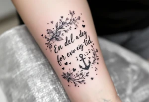 Quote: "En del av deg for evig tid. 
Pappa 20.12.24"
Surround the quote with delicate long gladious, music notes, hearts and an anchor tattoo idea