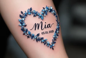 Mia 05. 01. 2018 – A heart-shaped arrangement of frosty blue and silver, with Mia's birthdate in a classic calligraphy font. tattoo idea