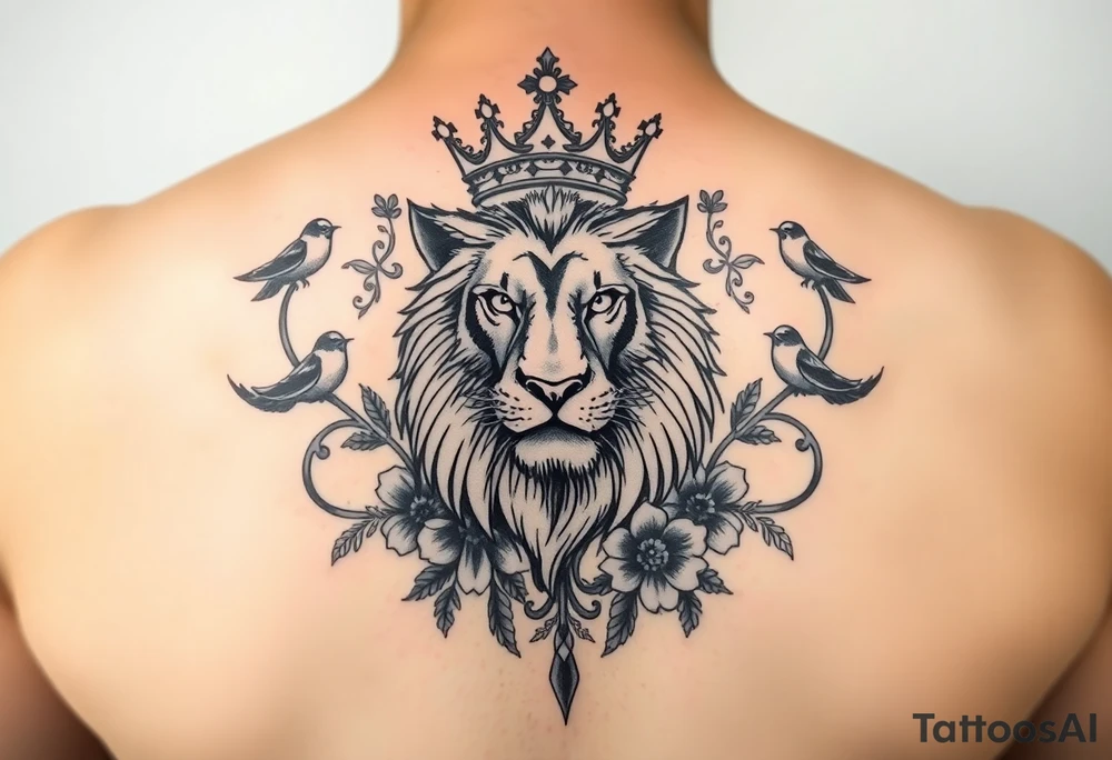 powerful majestic lion with a crown, surrounded by floral ornaments and birds tattoo idea