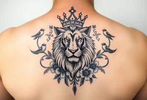 powerful majestic lion with a crown, surrounded by floral ornaments and birds tattoo idea