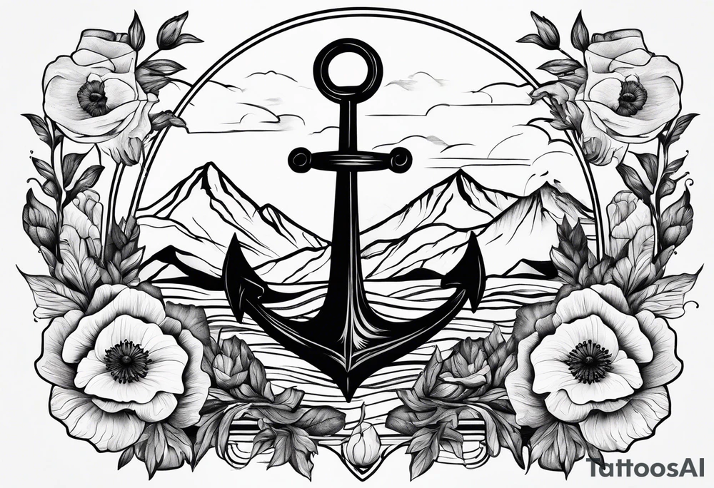 an anchor with poppy flowers intertwined and mountains behind it tattoo idea