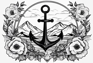 an anchor with poppy flowers intertwined and mountains behind it tattoo idea