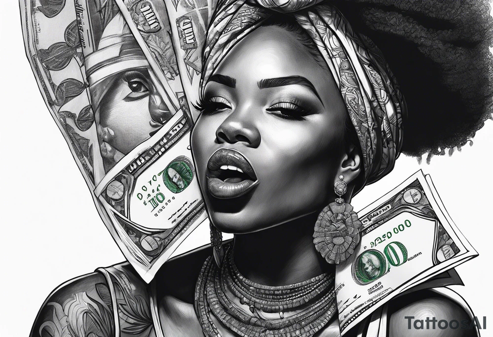 african woman biting money tattoo idea