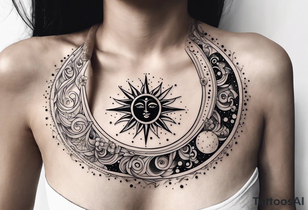 Feminine Sun and moon. Freeform rectangular sternum swirls with dots and stars tattoo idea