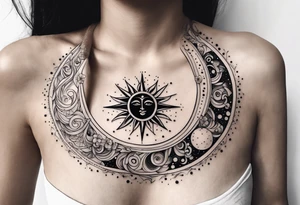 Feminine Sun and moon. Freeform rectangular sternum swirls with dots and stars tattoo idea
