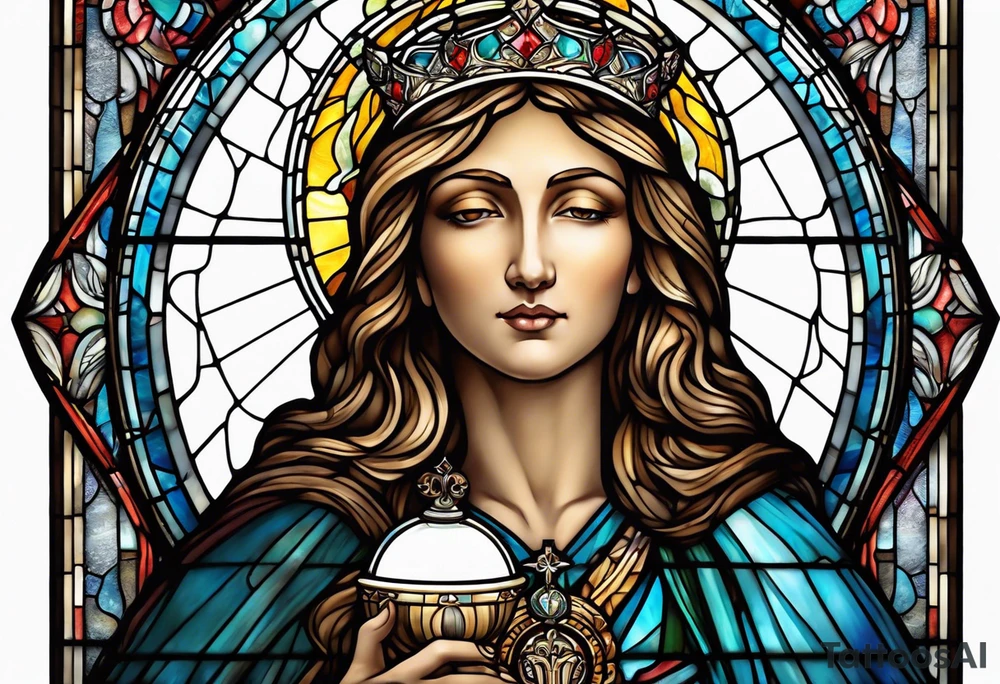 holy saint woman with halo stained glass holding a chalice tattoo idea
