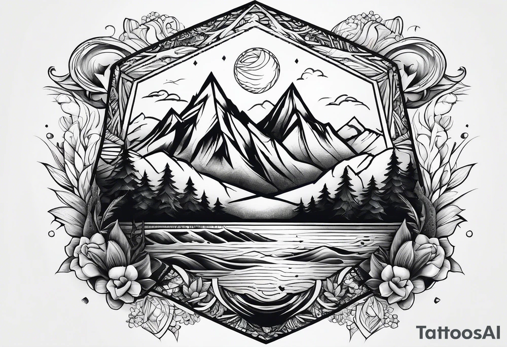 Mountains and ocean waves diamond shape tattoo idea