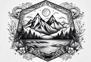Mountains and ocean waves diamond shape tattoo idea