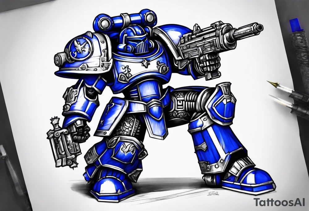 Warhammer 40000 ultramarine power armor with chain sword and bolt pistol tattoo idea