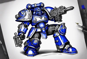 Warhammer 40000 ultramarine power armor with chain sword and bolt pistol tattoo idea