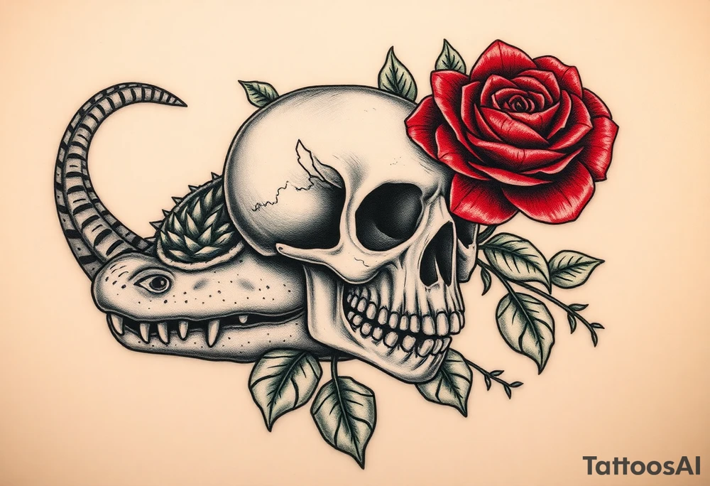 the Tudor rose at the center, all crimson petals edged in black velvet thorns, blooming right out of the skull’s eye socket like it’s growing from his bones. The skull’s grinning, but soft—like he’s in on the joke. And the alligator? He’s coiled around the whole thing, tail curling under the jaw, jaws open just enough to show teeth that look... almost tender. Like he’s protecting it. Or about to eat it.
Maybe a little mist, some ivy creeping up the spine of the rose. Dark greens, deep reds, charcoal shadows. No brights—just that old, heavy velvet feeling. tattoo idea