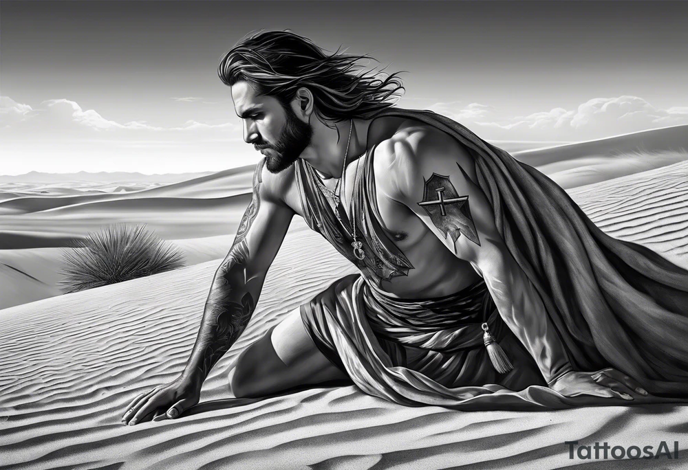 man crawling in a desert toward the cross of Christ tattoo idea