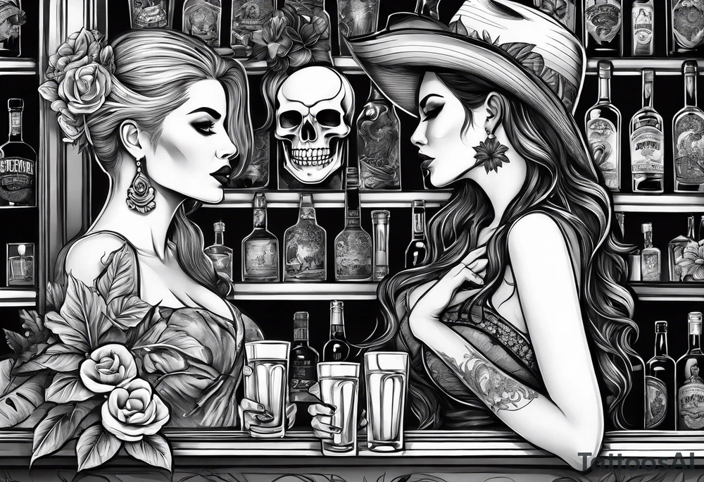 a bar scene with a skeleton couple with hibiscus flowers. western style tattoo idea