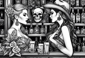a bar scene with a skeleton couple with hibiscus flowers. western style tattoo idea