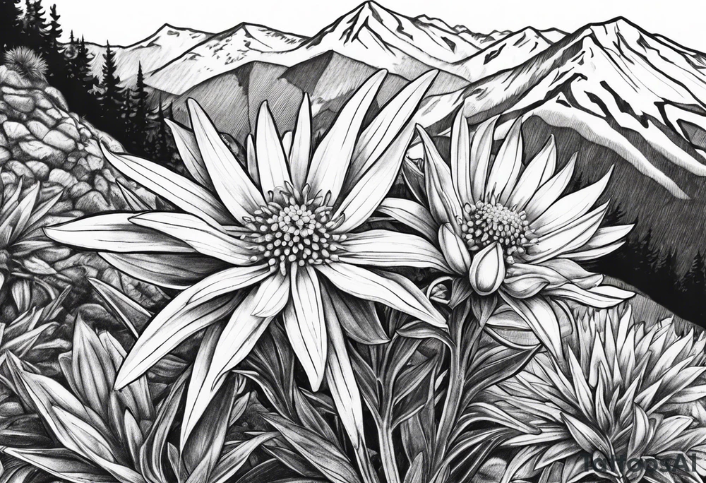 Fuzzy Edelweiss flower on a mountain tattoo idea