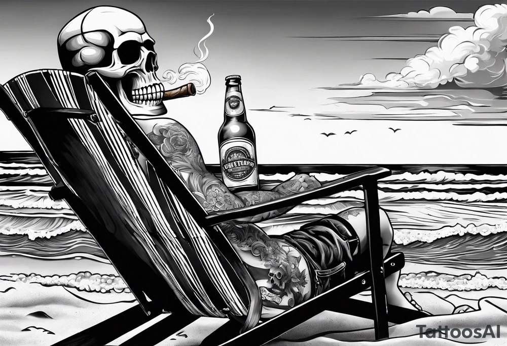 Skull body smoke on the beach sitting in a beach chair with a beer in its hand tattoo idea