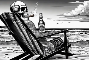 Skull body smoke on the beach sitting in a beach chair with a beer in its hand tattoo idea