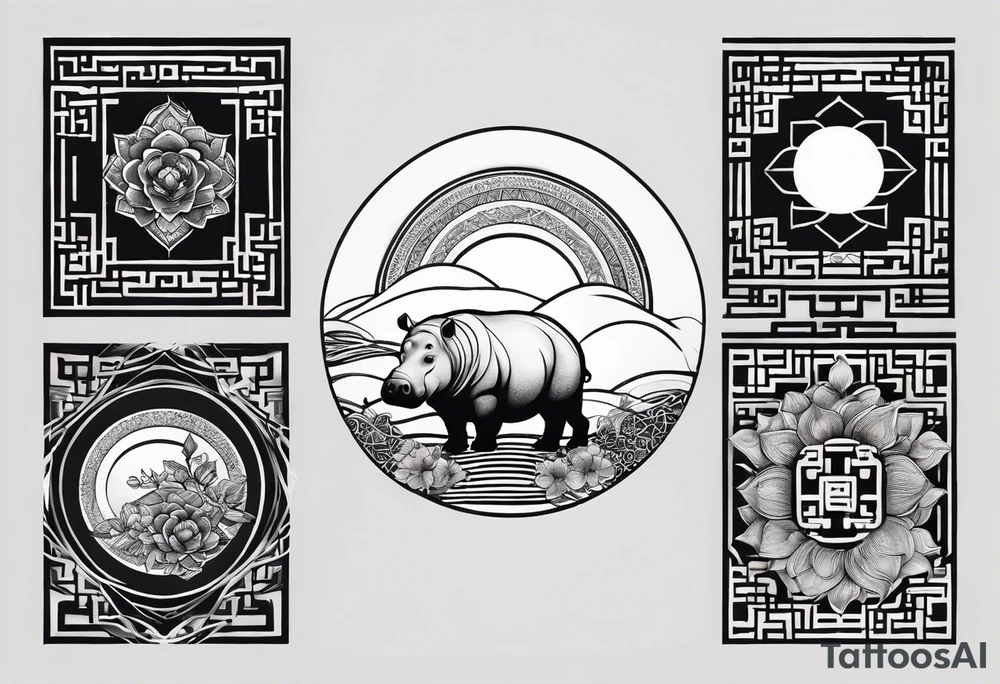 Very asymmetrical, +geometric pattern, with realistic full moon, with serious looking hippo, +zen feel, + Buddhism touch, +tribal, +geometric, +chinese inkart 
with wintersweet flower bud, +portrait orientation, +inkart touch, tattoo idea