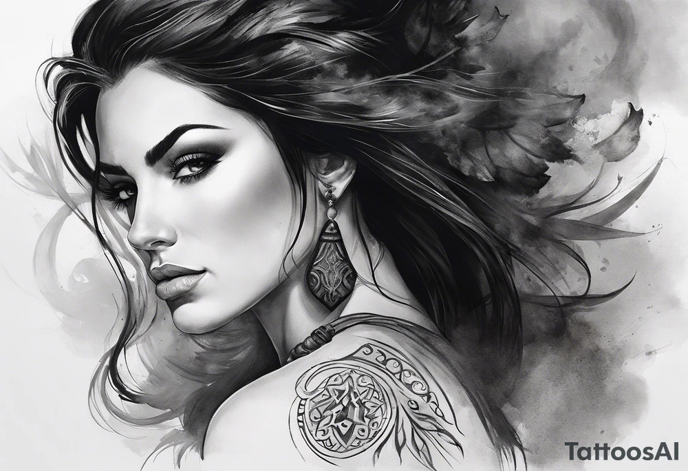 A white woman with dark hair and features. She will be posing sideways portrait style but looking head on. She needs to embody a modern warrior. . And the outside of the tattoo can fade away with smoke. It’s for my outer shoulder so it’s about 20x7cm her hair should be down and loose and she can have 2-3 flowers in her hair. tattoo idea
