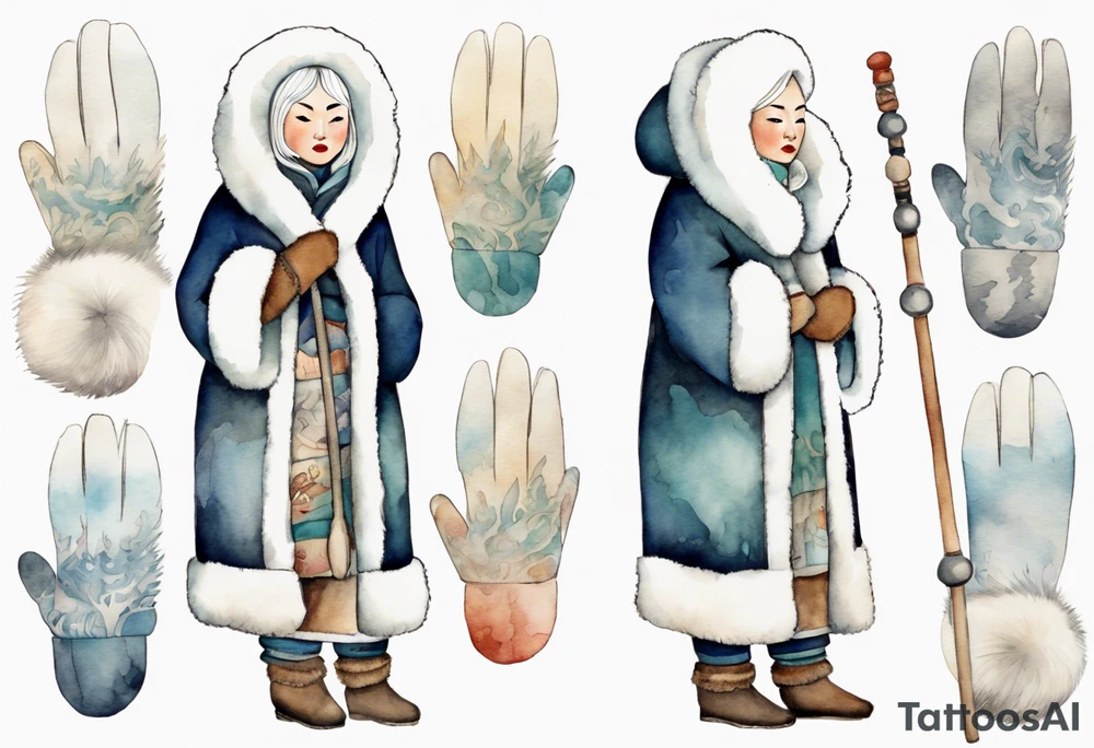 a middle aged Inuit woman with white hair, wearing fur mittens, holding a white staff, wearing mukluks, standing on an iceberg tattoo idea