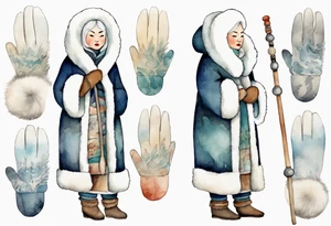 a middle aged Inuit woman with white hair, wearing fur mittens, holding a white staff, wearing mukluks, standing on an iceberg tattoo idea