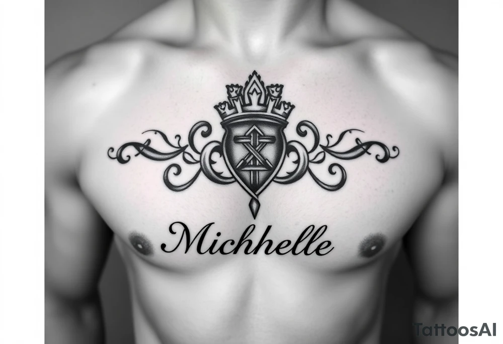 Create a tattoo on a man’s chest if a woman’s name. Claddagh and the name Michelle. Irish themed with Celtic knot tattoo idea