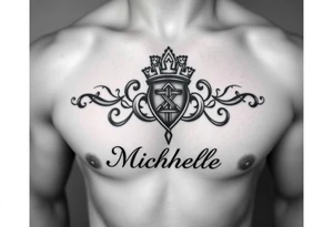 Create a tattoo on a man’s chest if a woman’s name. Claddagh and the name Michelle. Irish themed with Celtic knot tattoo idea