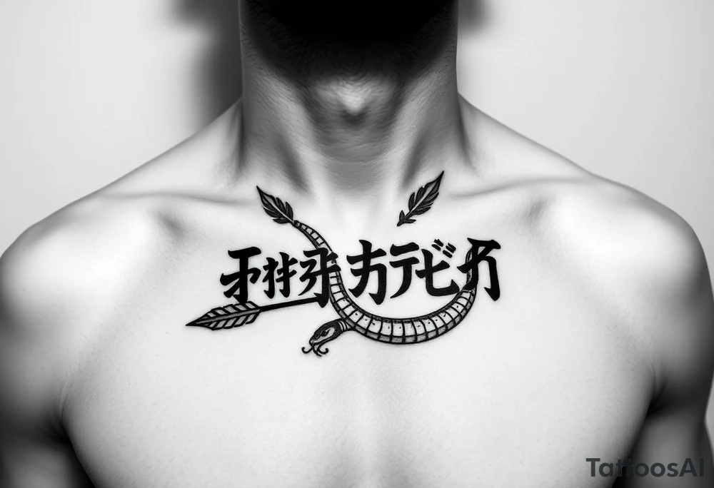 japanese text on chest with arrow and snake tattoo idea