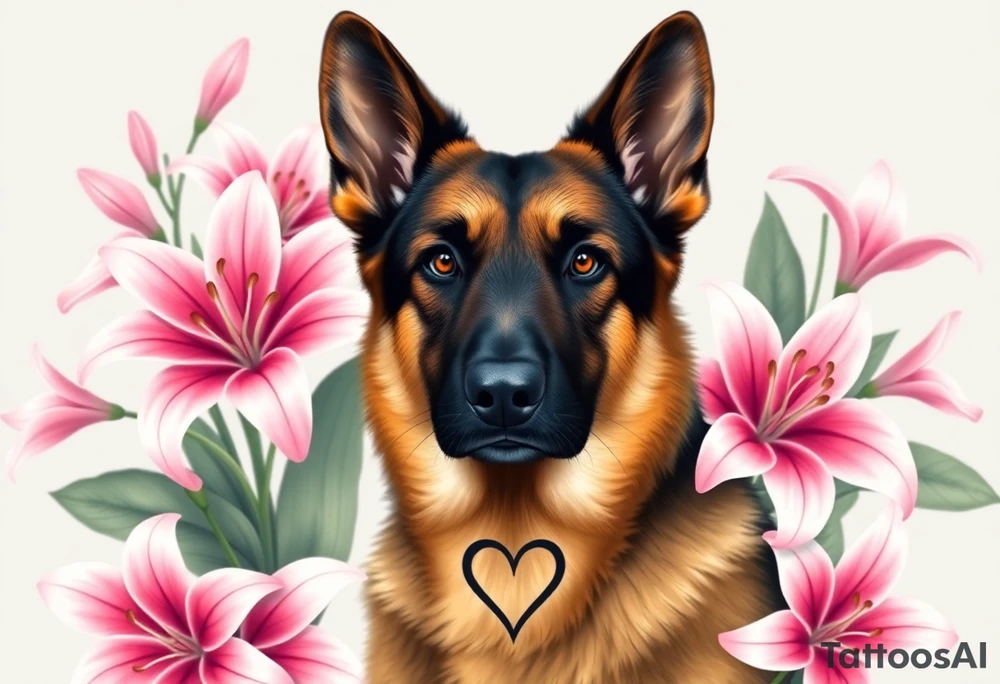 realistic german shepherd with alert ears looking protective surrounded by pink lilies with large leaves in front of a sacred heart tattoo idea