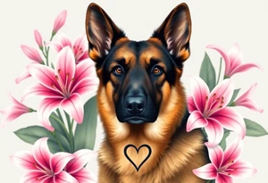 realistic german shepherd with alert ears looking protective surrounded by pink lilies with large leaves in front of a sacred heart tattoo idea