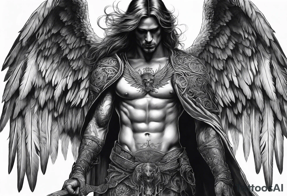 realistic full body of angel of death, without face, man tattoo idea