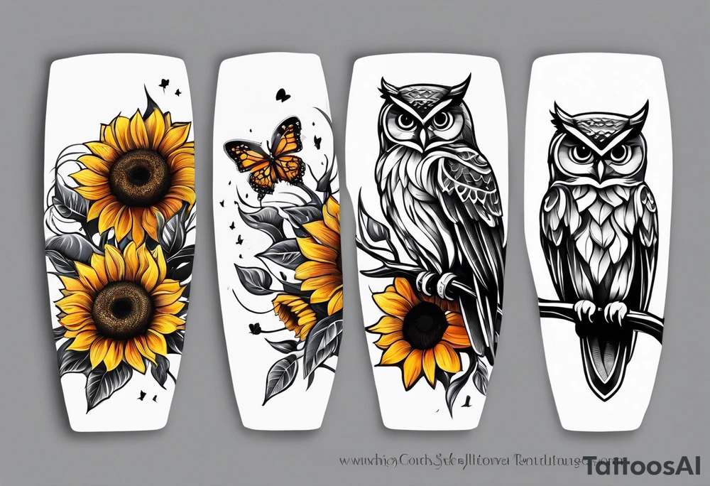 Small owl with sunflowers and butterflies arm sleeve tattoo idea