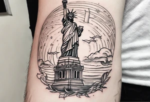 Left sleeve tattoo for a man who was in the Coast Guard on September 11, 2001 Statue of Liberty Milton Hershey school, Pennsylvania, two daughters tattoo idea