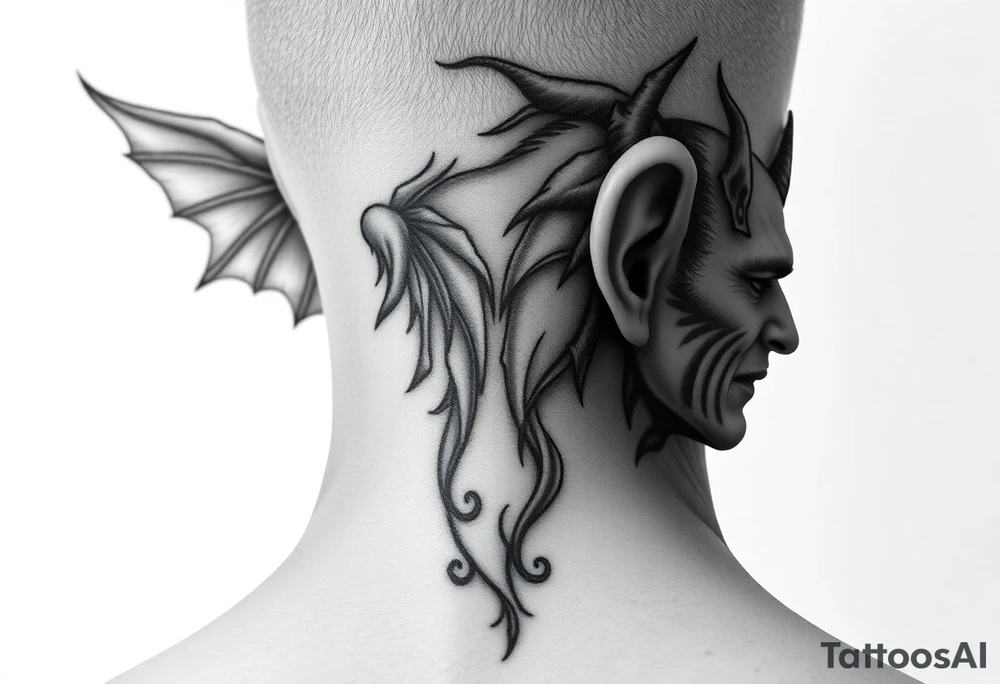 position behind the neck Angel (on the right) whispering in the right ear, demon (on the left) whispering in the left ear tattoo idea