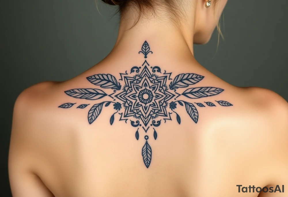 shaman symbols and mandalas and feathers wicca witch spiritual and sami culture big whole back tattoo idea